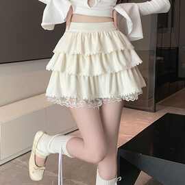 2026春新款法式芭蕾风蕾丝拼接蓬蓬蛋糕荷叶边高腰A字女