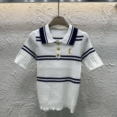 25春夏新作カレッジスタイルストライプカラーブロックゴールド刺繍レターラペルニット半袖4色