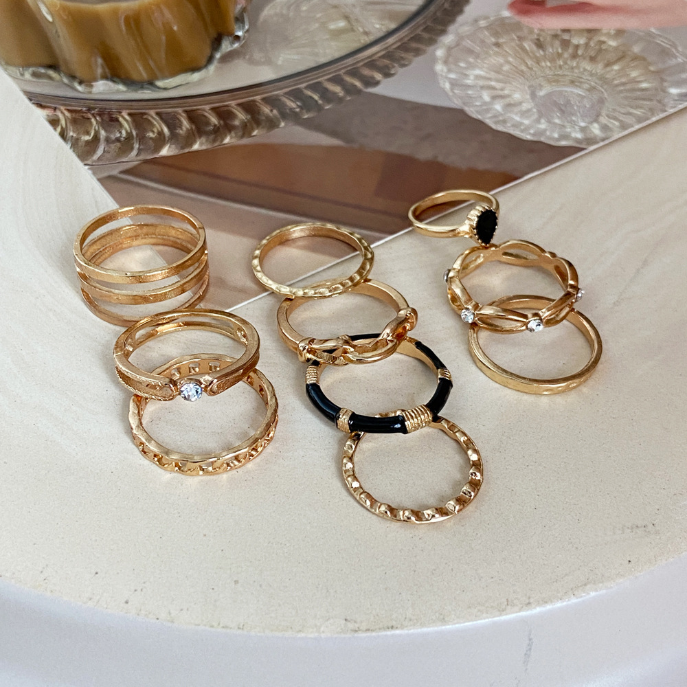 new alloy chain ring creative retro hollow inlaid zircon Black joint ring set of 10 pieces_voghion.com