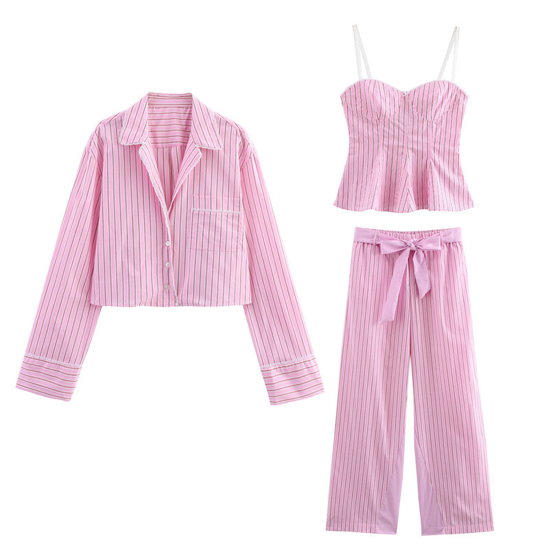 Completo da donna primavera estate alla moda con camicia, gilet e pantaloni a righe, stile europeo/americano, con colletto e maniche lunghe._voghion.com