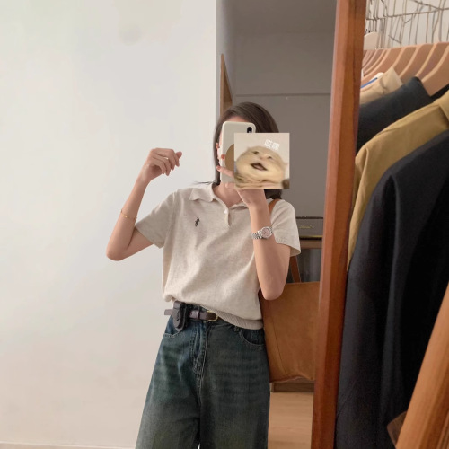 POLO Short Sleeve Knit Top for Women - Summer Korean Style New Arrival, Versatile Embroidered Slim Fit Small Women's Top, Fashion Trendy