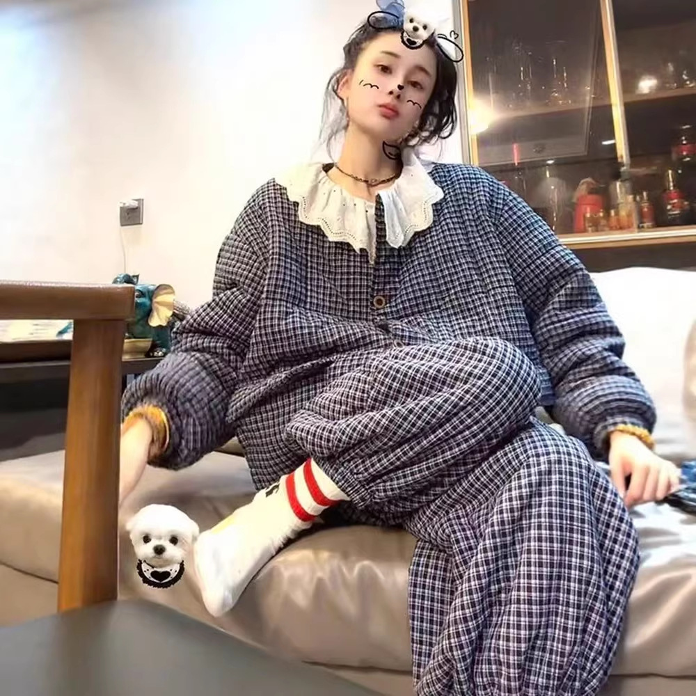 秋冬外穿松弛减龄居家服新款感显瘦拼接2025时尚格子套装欧洲站