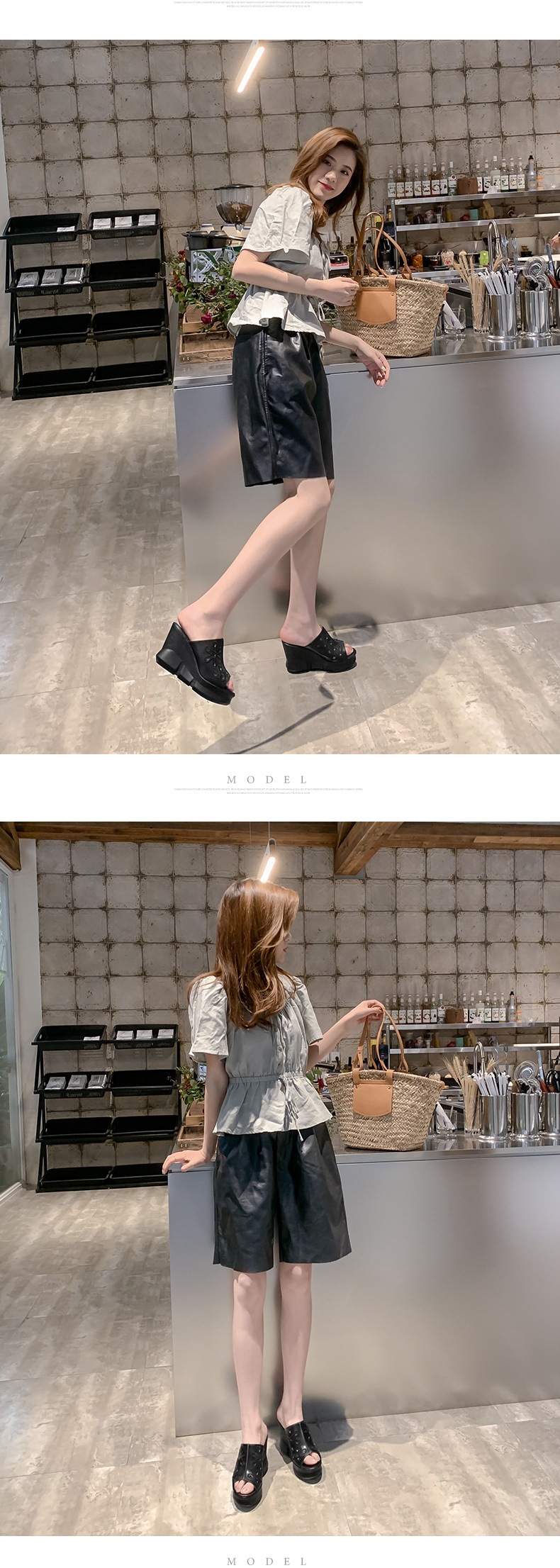 Sandal nữ da bò mũi cá gót xuồng đế dày — Màu đen chi tiết 4