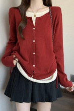 大码女装2025秋新款抽绳假两件拼接针织开衫宽松显瘦毛衣内搭外套