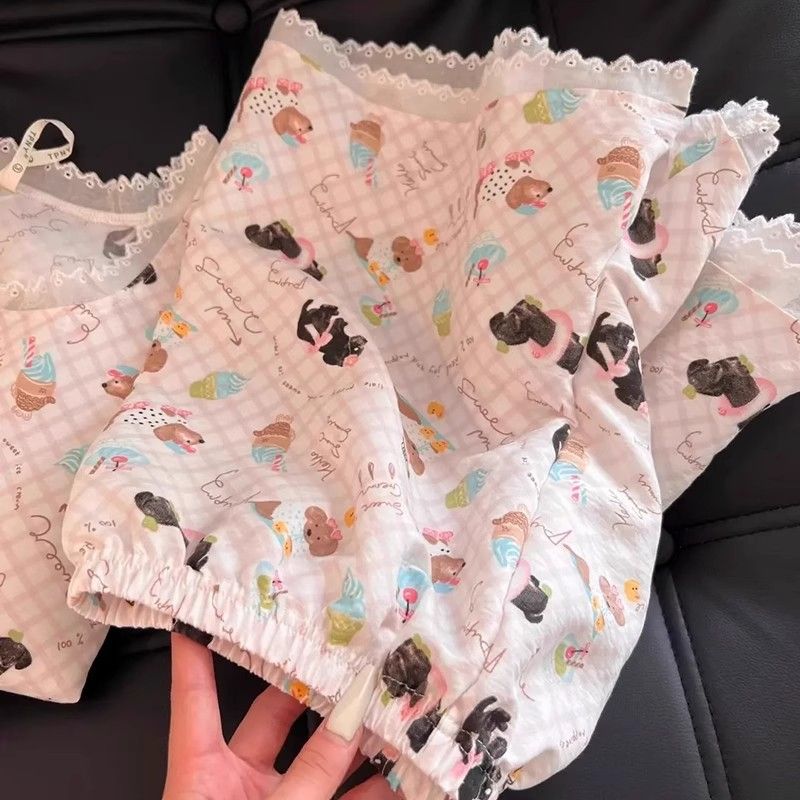 Pijamas con estampado de cachorro de dibujos animados dulce para mujer verano nuevo estilo chaleco de encaje pantalones cortos ropa a domicilio traje de dos piezas