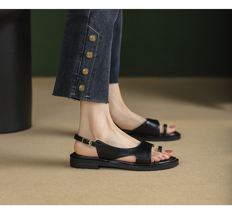 Sandal nữ xỏ ngón đế bệt da thật phong cách La Mã hở mũi quai hậu — Màu nâu, Màu đen, Màu trắng be chi tiết 41