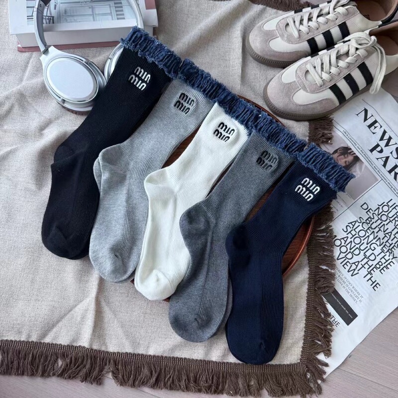 Autumn New European High-End Embroidered Letter Mid-Calf Socks Denim Pleated Lace Slouch Socks Double-Needle Thin Calf Socks