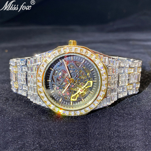 MISSFOX watch European and American hip-hop high-end full square diamond full diamond luminous hollow mechanical watch men's watch