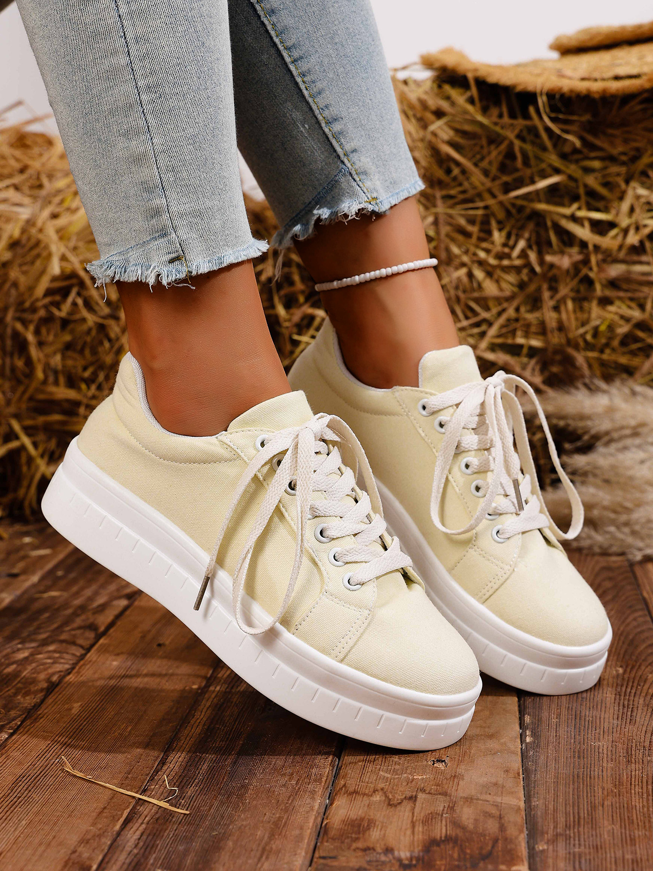 Women's Lace-up Casual Trainers For Women Round Toe Thick Sole_voghion.com