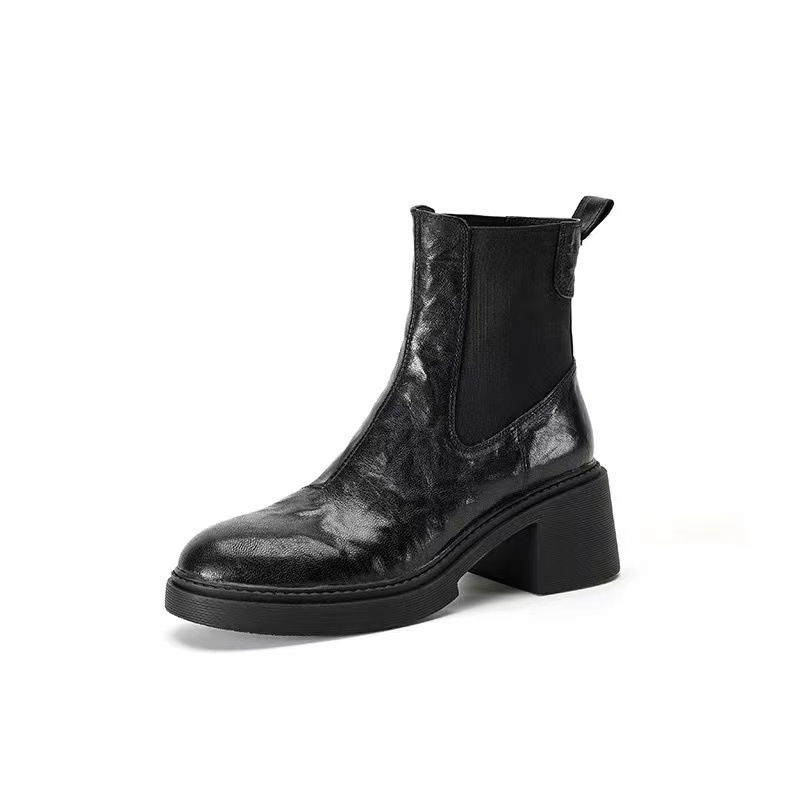 Autumn And Winter Retro Pleated Slim High-heeled Short Boots, Thick-soled Chunky Heel Black New Elastic Martin_vogvips.com