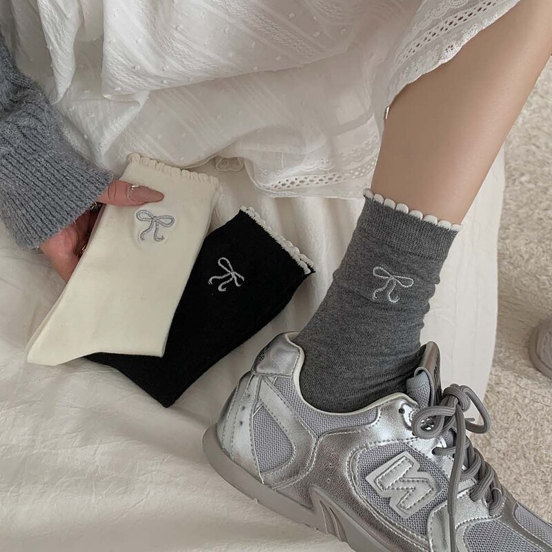 Miu Curl Bow Cute Japanese JK Socks Female Lolita White Female Bow Socks Zhuji Socks