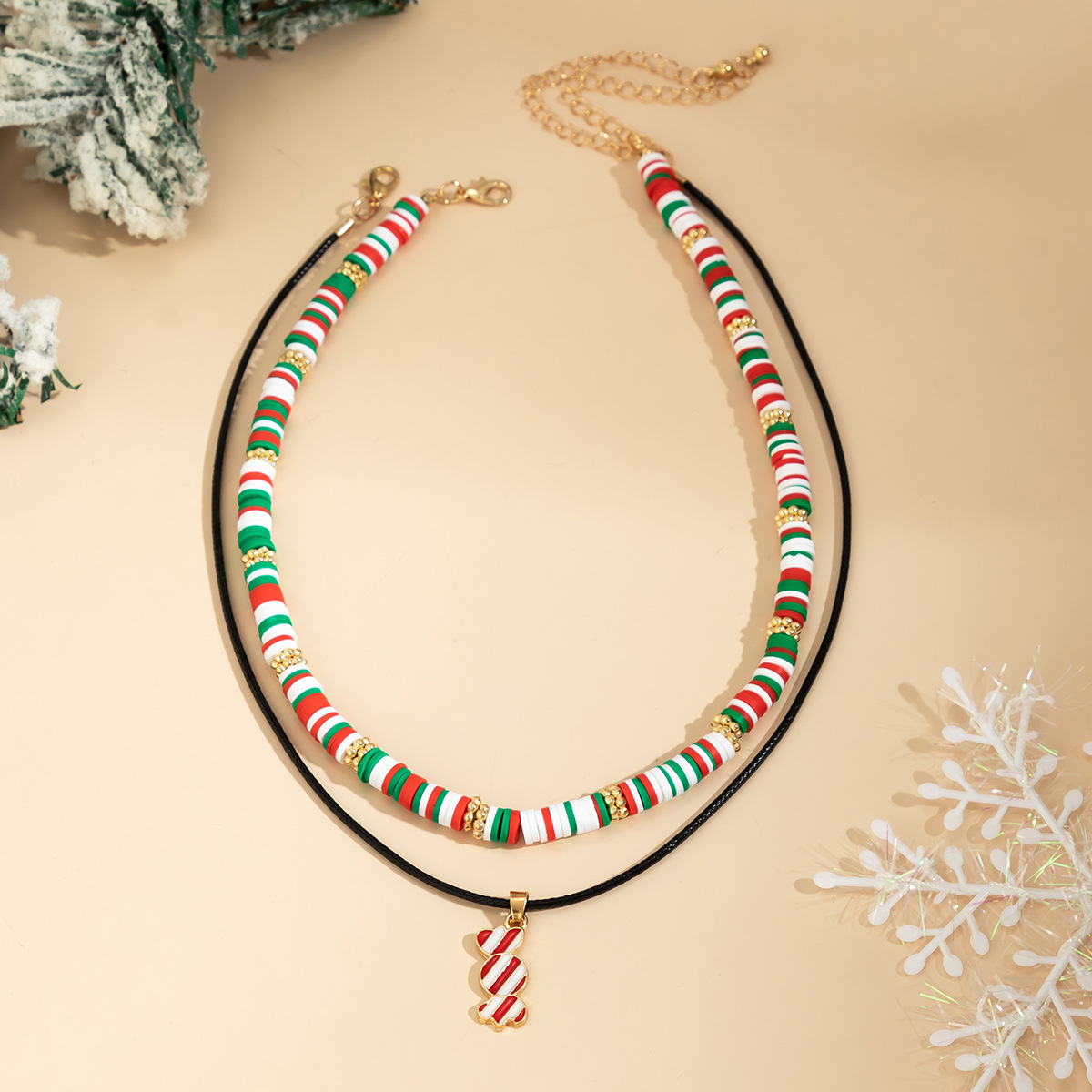 Christmas Beaded Choker Necklace With Crystal Snowman Charms_voghion.com