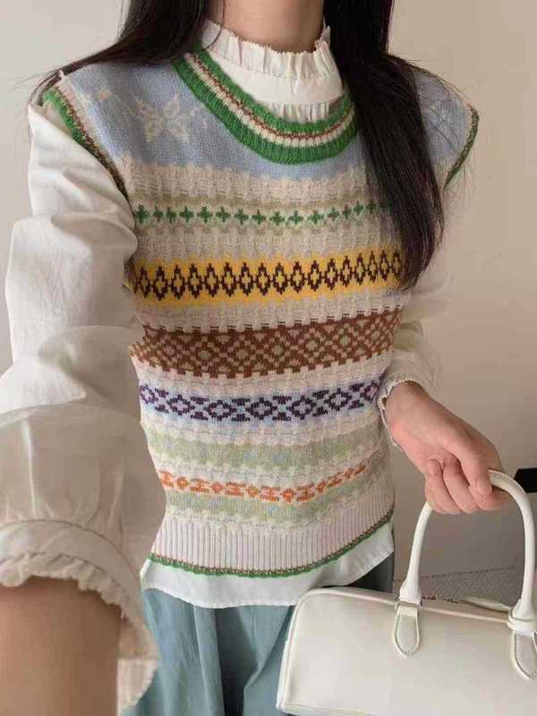费尔岛复古撞色提花毛衣女2025新款外套高级感针织开衫短款上衣秋|undefined