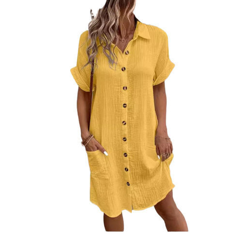 2025 Amazon European and American Cross-border Leisure Solid Color One-Button Mid-length Short-sleeve Loose Leisure Dress for Women