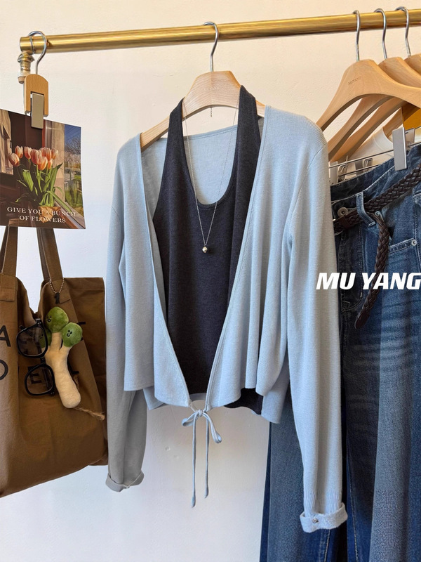MUYANG 温柔蓝色拼灰背心 绑带假两件针织衫开衫 女假套式毛衣女|undefined
