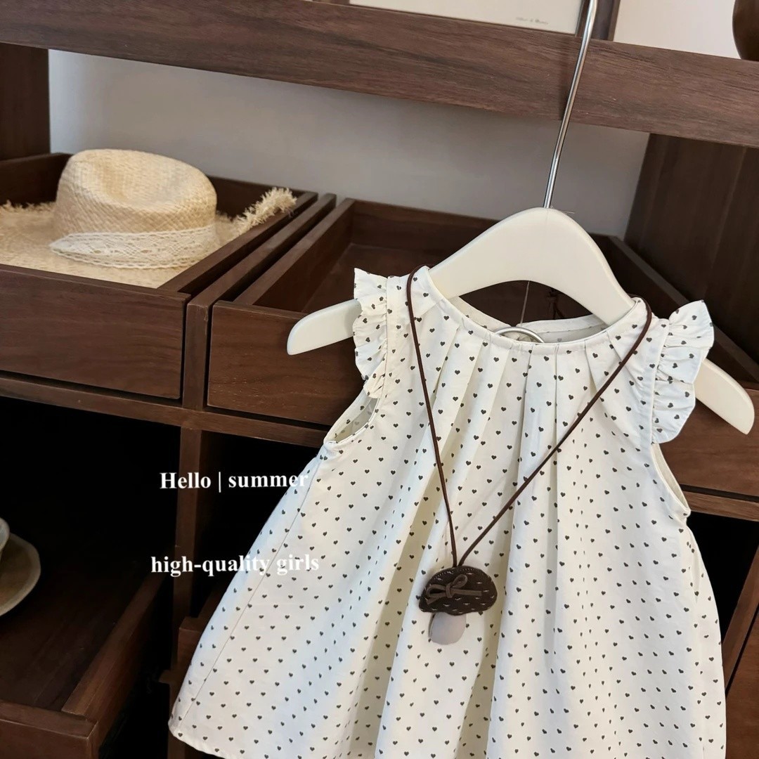 [Xianning Seven] Linda ropa coreana para niños niñas verano nuevo estilo lunares mangas voladoras chaleco estilo occidental vestido de princesa