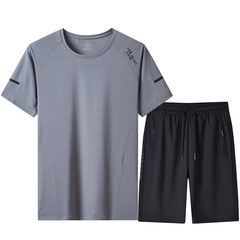爸爸夏裝套裝冰絲2024夏季新款中老年人運動套裝男士夏季短袖t恤