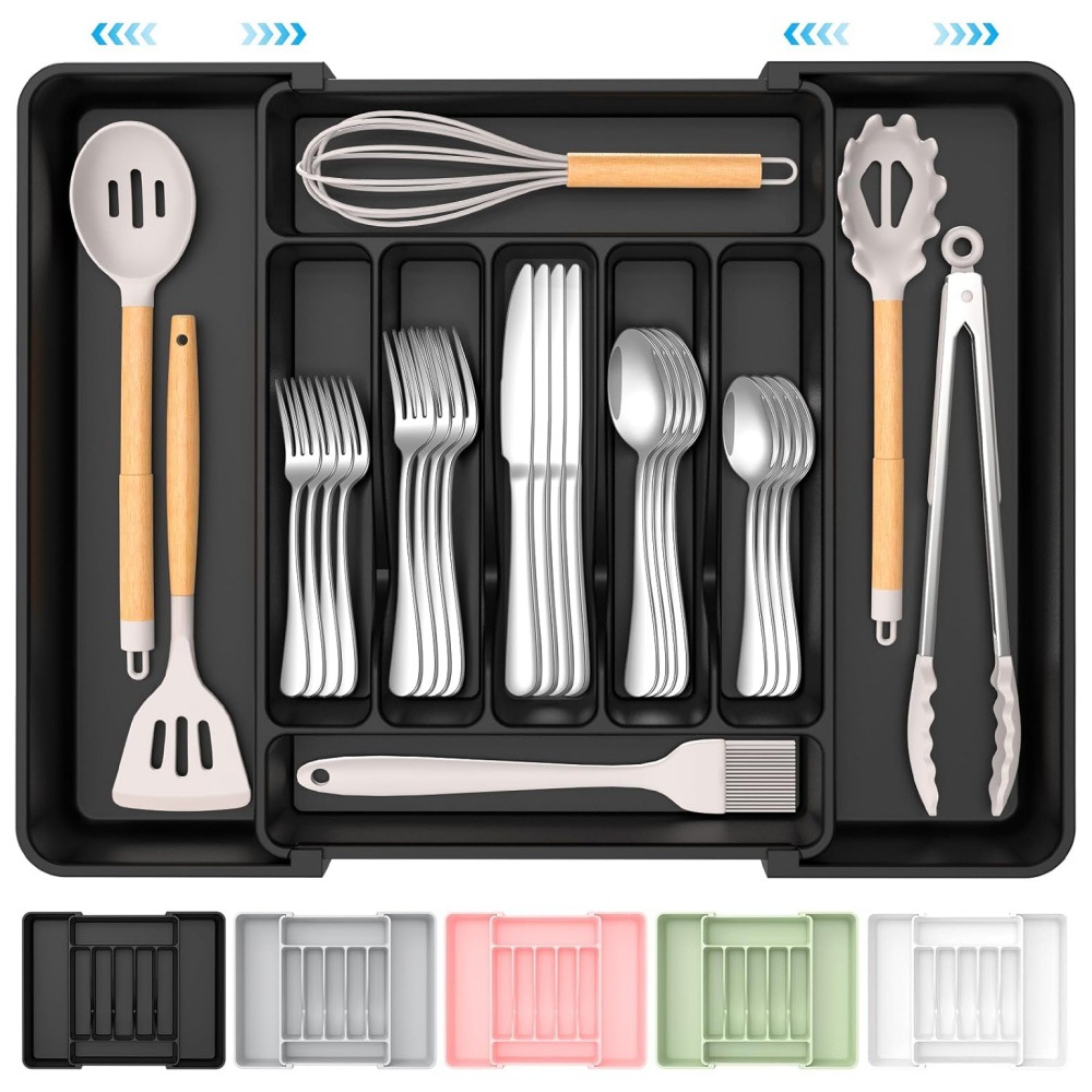 新款餐具收纳盒伸缩抽屉置物架银器收纳盒可调节餐具架抽屉收纳架