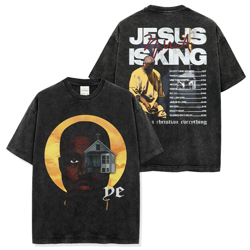 Cross-border American-style Hip-hop Kanye West Printed Washed Short-sleeved T-shirt Loose Crewneck Hooded Sweat for Men