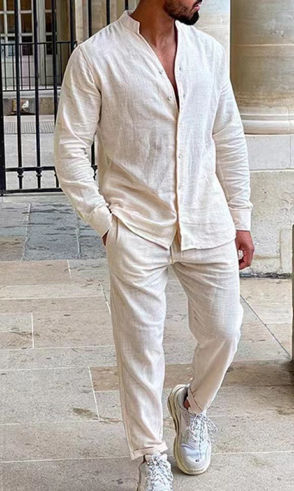 001 Grenzüberschreitender europäischer und amerikanischer Herren-Leinenanzug für den Herbst, lässig, mit langen Ärmeln, modisch, Arbeitskleidung, Sportbekleidung_voghion.com
