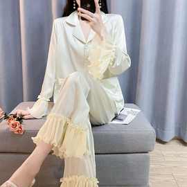 睡衣女夏新款春季水光绸甜美气质花边高级感家居服轻奢套装带胸垫