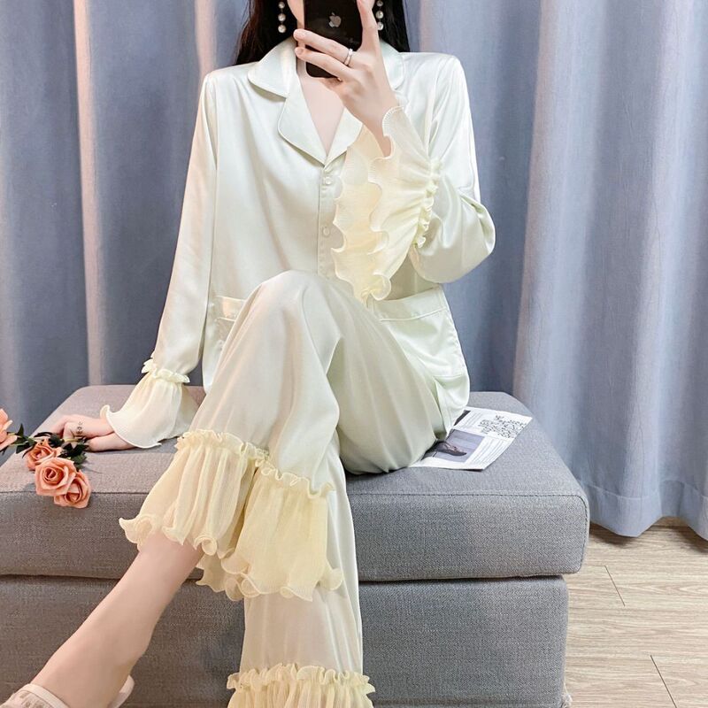 Pajamas Women's Summer New Spring Waterlight Silk Sweet Elegant Lace High-end Sense Home Clothes Light Luxury suit with Chest Pad