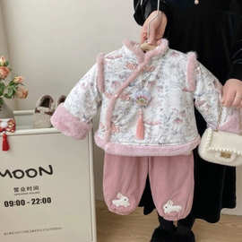 女童汉服套装2025冬季宝宝周岁儿童加绒加厚中国风拜年年服两件套