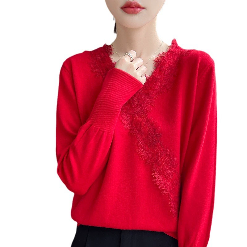Сексуальная кружевная кофта с длинным рукавом, водолаз knitted thermal underwear demi-season, V-образный вырез, корейский стиль, облегающая, западный стиль