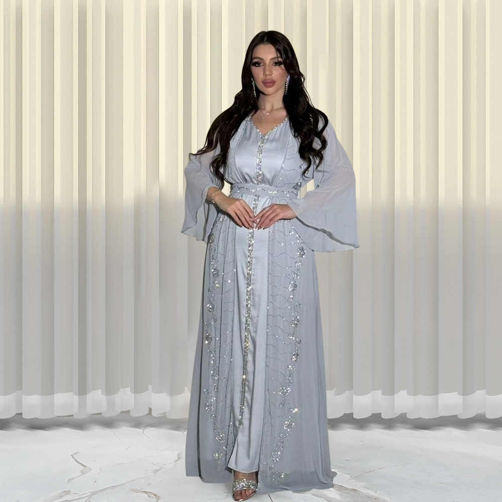 XQY500261 Four-Season Commuting Vest + Jacket Dress Chiffon Rhinestone Muslim Suit Robe_ecoleips.com