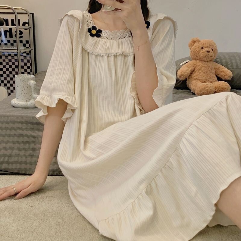 胸パッド付きネグリジェ、半袖ゆったり学生パジャマ、女性夏年齢軽減プリンセス風春秋寮ミドル丈、屋外で着用可能|undefined