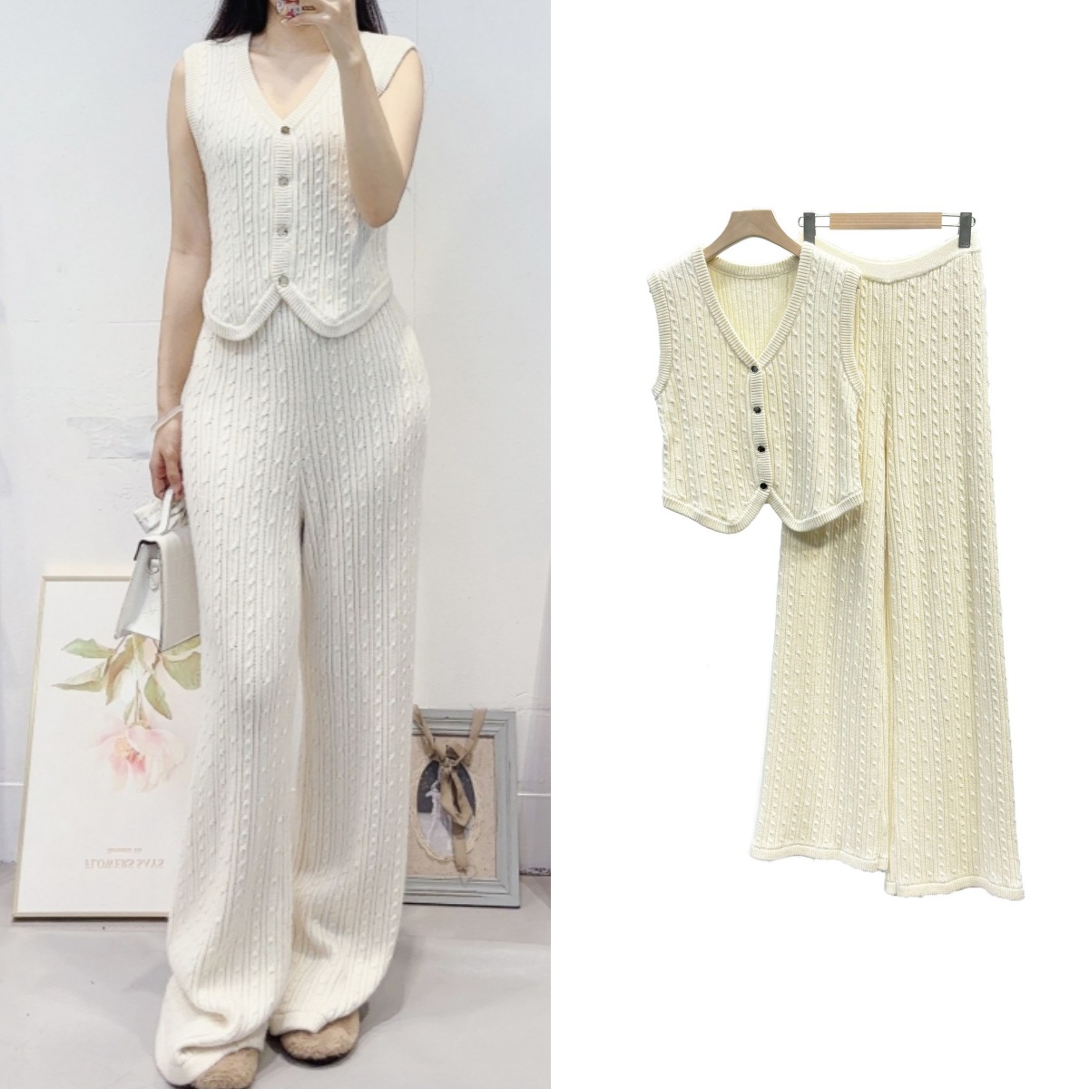 跨境女装秋冬新款法式时尚套装螺纹羊毛针织马甲开衫+长裤两件套