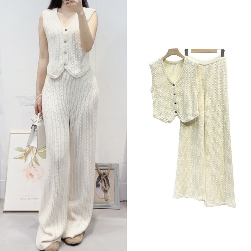 Cross-Border Autumn Women's New Fashion French-Style Set: Ribbed Knit Vest Cardigan + Wide-Leg Pants Two-Piece Set Cross-Border Autumn Women's New Fashion French-Style Set: Ribbed Knit Vest Cardigan + Wide-Leg Pants Two-Piece Set