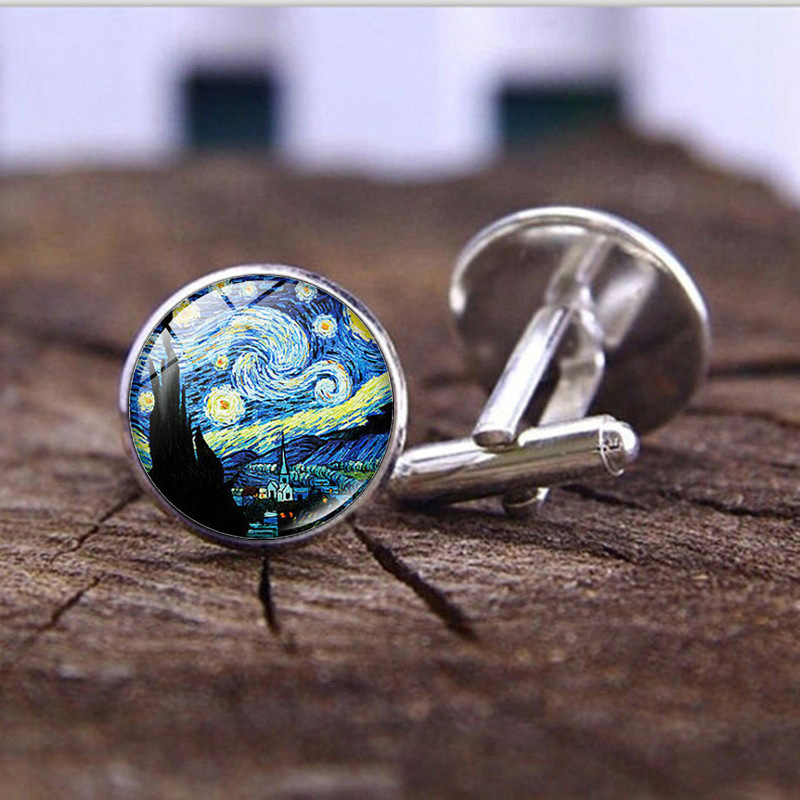 Van Gogh Starry Night Sunflower Cufflinks Men's Cross-Border Hot Selling Accessories Fashion Buttons French Shirt Cuffs Cuffs