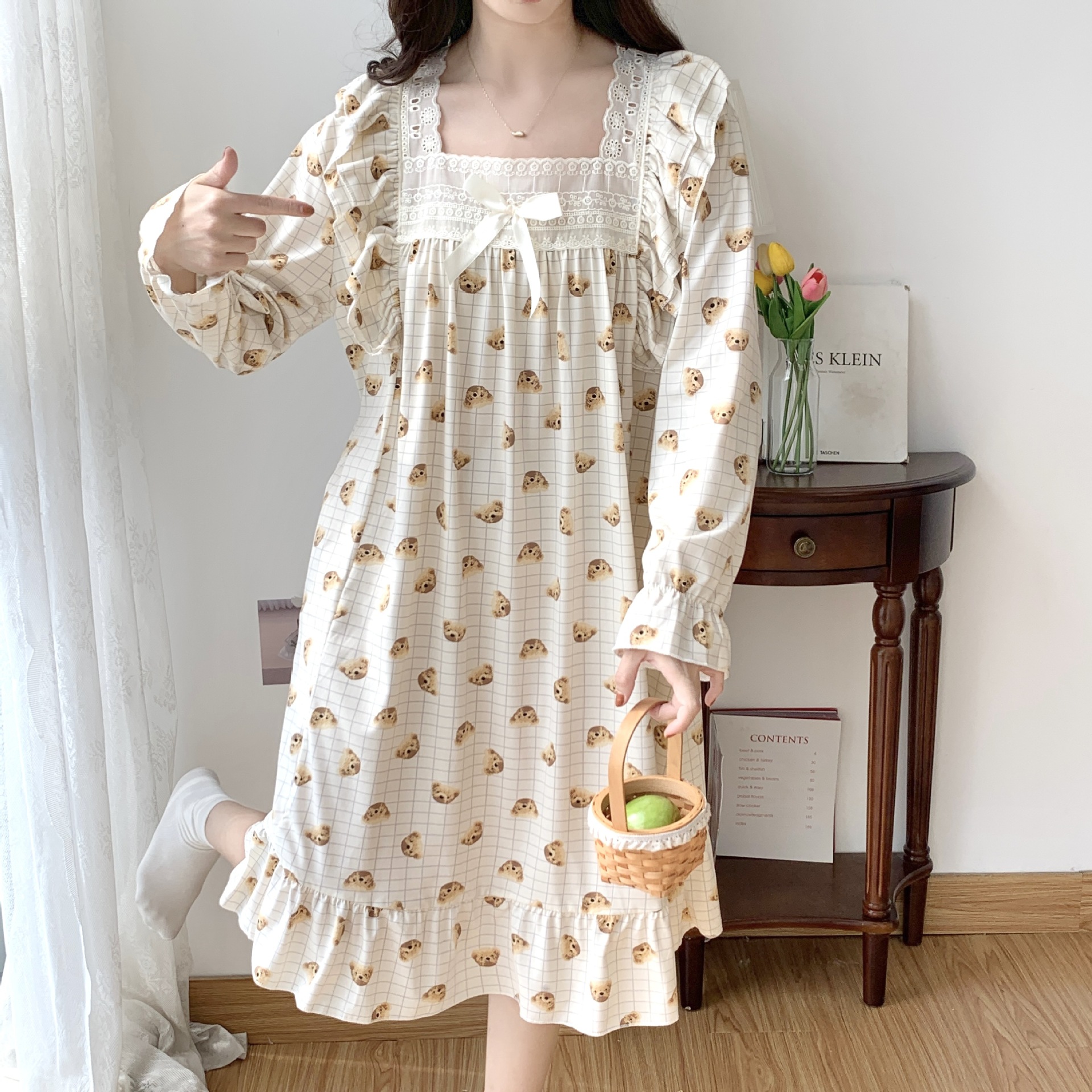 Nuevo estilo coreano princesa estilo camisón fresco lindo oso primavera y otoño pijamas largos de las mujeres vestido largo desgaste del hogar entrega