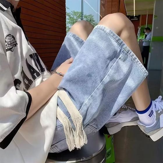 American Style Denim Shorts Men's Summer Casual Denim Pants Tether Elastic Waist Loose Vintage High Street Pants