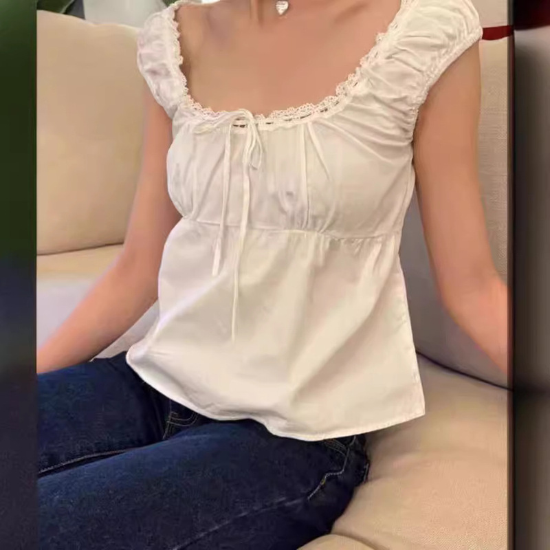 Bm Style New White Bow Lace Lace Short-Sleeved T-Shirt Women's Square Collar Puff Sleeve Lace Slimming Look Top Summer