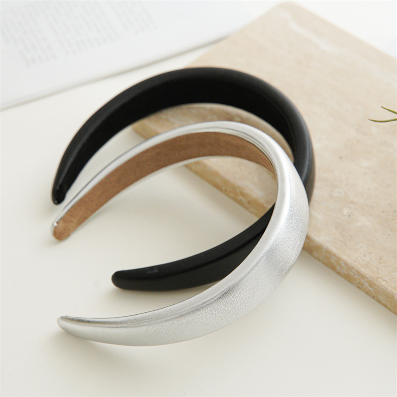 Bandeau minimaliste en cuir noir et argent, bandeau haut de gamme polyvalent français de couleur unie, bandeau haut de gamme crânien, épingle à cheveux pour lavage du visage._voghion.com