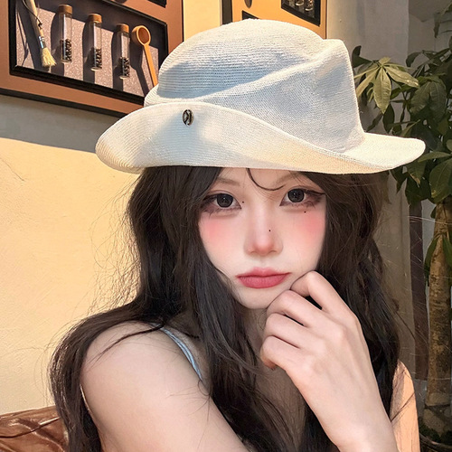 French Hepburn style elegant top hat, women's summer seaside vacation beach hat, gold style rolled-edge sunscreen sun hat