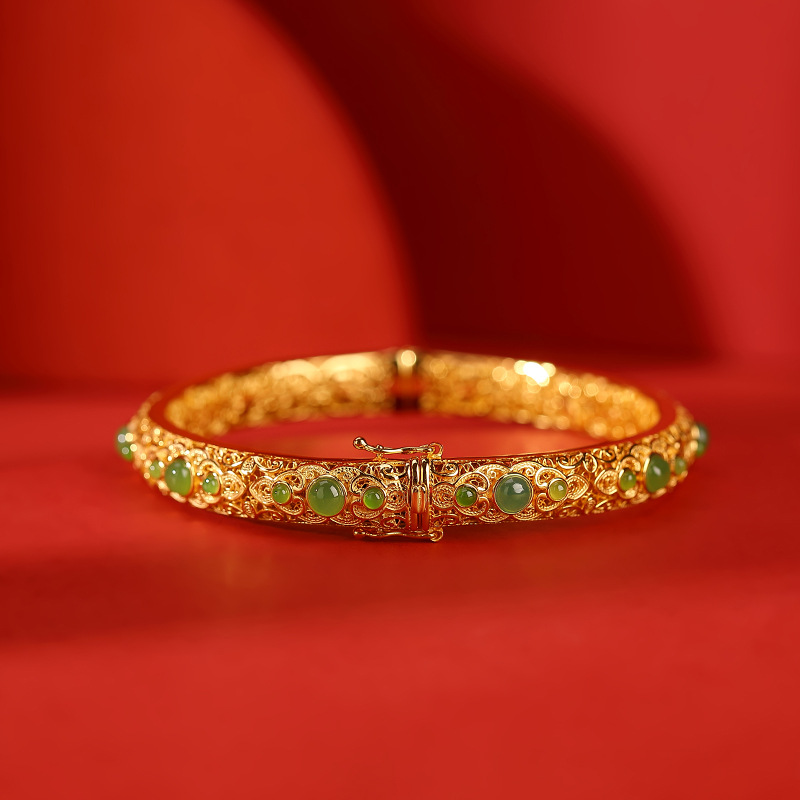 Vòng tay nữ hạt tròn bạc S925 mạ vàng kết hợp ngọc bích jasper phong cách retro — Kiểu mạ bạch kim