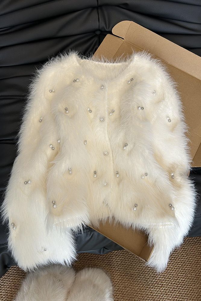 Pure White Elegant Heavy Beaded Soft Waxy Knitted Sweater Jacket for Women Autumn and Winter New Style Small Fragrant Mink Velvet Top