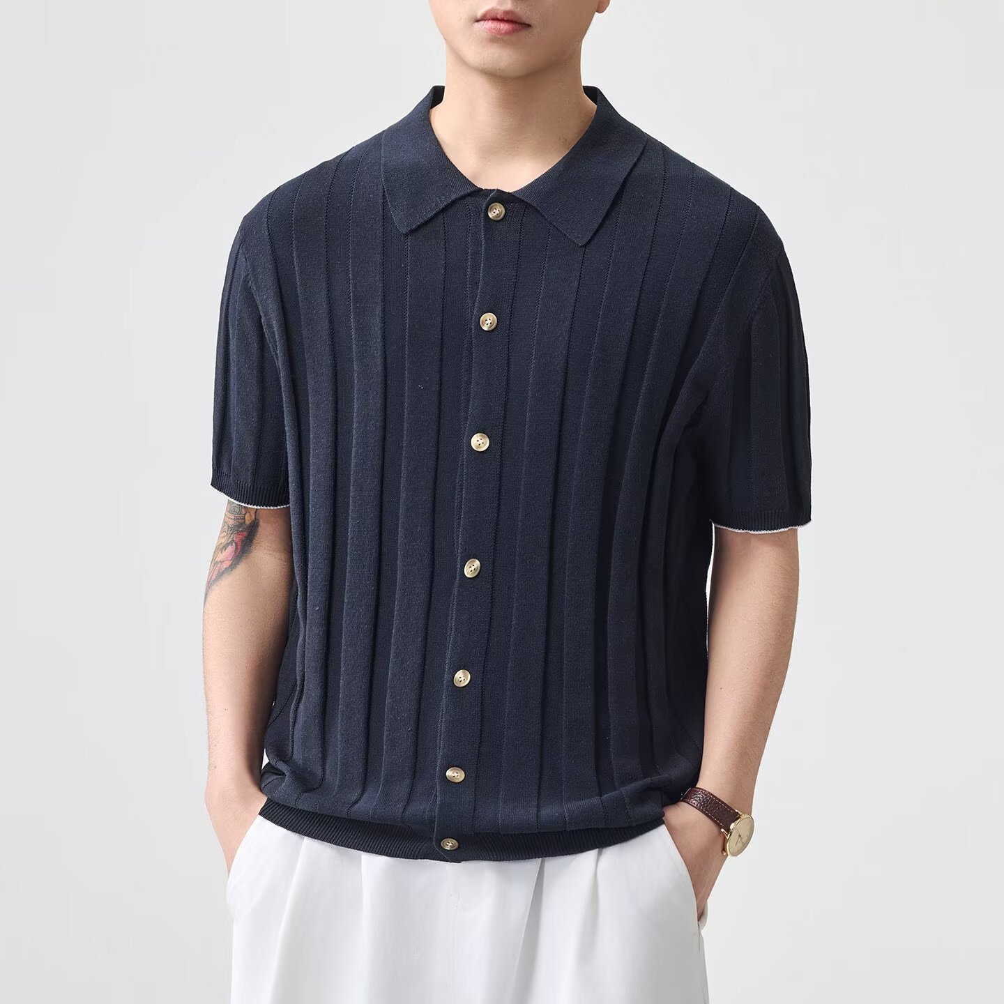 Polo camiseta camiseta de punto camiseta de manga corta camiseta de hombre cardigan con solapa a rayas verticales viejos negocios de verano fábrica transfronteriza al por mayor