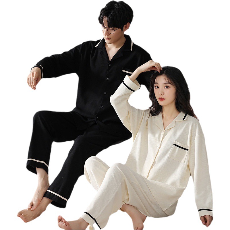 Pijamas de pareja Primavera y otoño de las mujeres nuevos hombres de manga larga de gofres más tamaño simple casual ropa para el hogar traje de generación de pelo