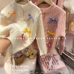 Korean Children's Clothing Girls Cardigan 2024 Spring New Sweet Little Girl Butterfly Knot Knit Sweater Outerwear