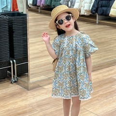 童裝2024夏季韓版女童碎花裙法式風情甜美公主裙泡泡袖短袖連衣裙