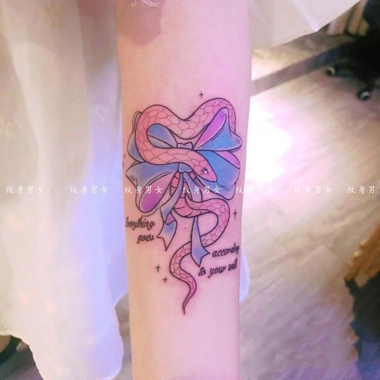 Pink Butterfly Snake Tattoo Sticker Fairy Girl Heart Dreamy Colorful Realistic Waterproof Long-Lasting Flower Arm Sweet and Cool