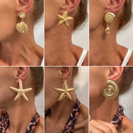 欧美跨境沙滩度假金属麻面海星贝壳耳钉 海洋风海螺耳饰earrings