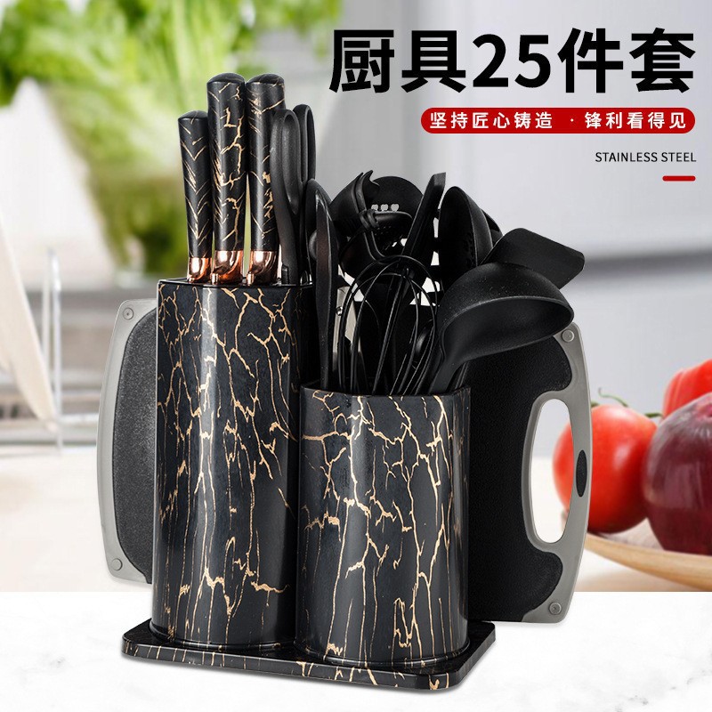 Venta caliente transfronteriza conjunto de cuchillos de 25 piezas traje de silicona pala cuchara de cocina de acero inoxidable cuchillo con cubo de almacenamiento utensilios de cocina