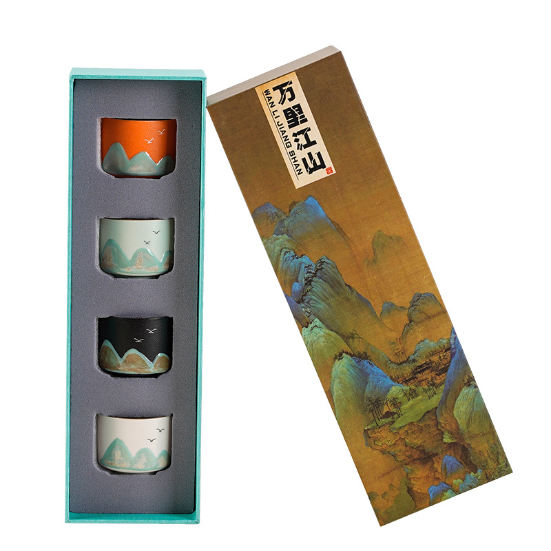 Juego de tazas de té de cerámica transformada en horno, estilo paisaje, de las dinastías Tang y Song, taza maestra de los Mil Millas de Montañas y Ríos, juego de caja de regalo con taza individual.