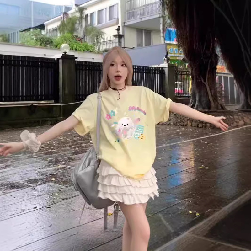 Cartoon Cute Dog Milk Yellow Short-sleeved T-shirt Women's Design Niche Couple's Dress for Petite Loose Summer Top Cartoon Cute Dog Milk Yellow Short-sleeved T-shirt Women's Design Niche Couple's Dress for Petite Loose Summer Top