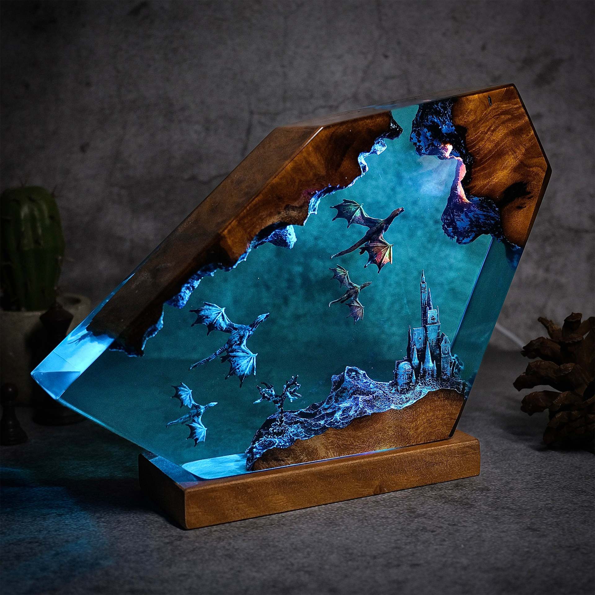 Resin Lamp Epoxy Dragon And Castle Handmade Resin Lamp Halloween Gift_voghion.com